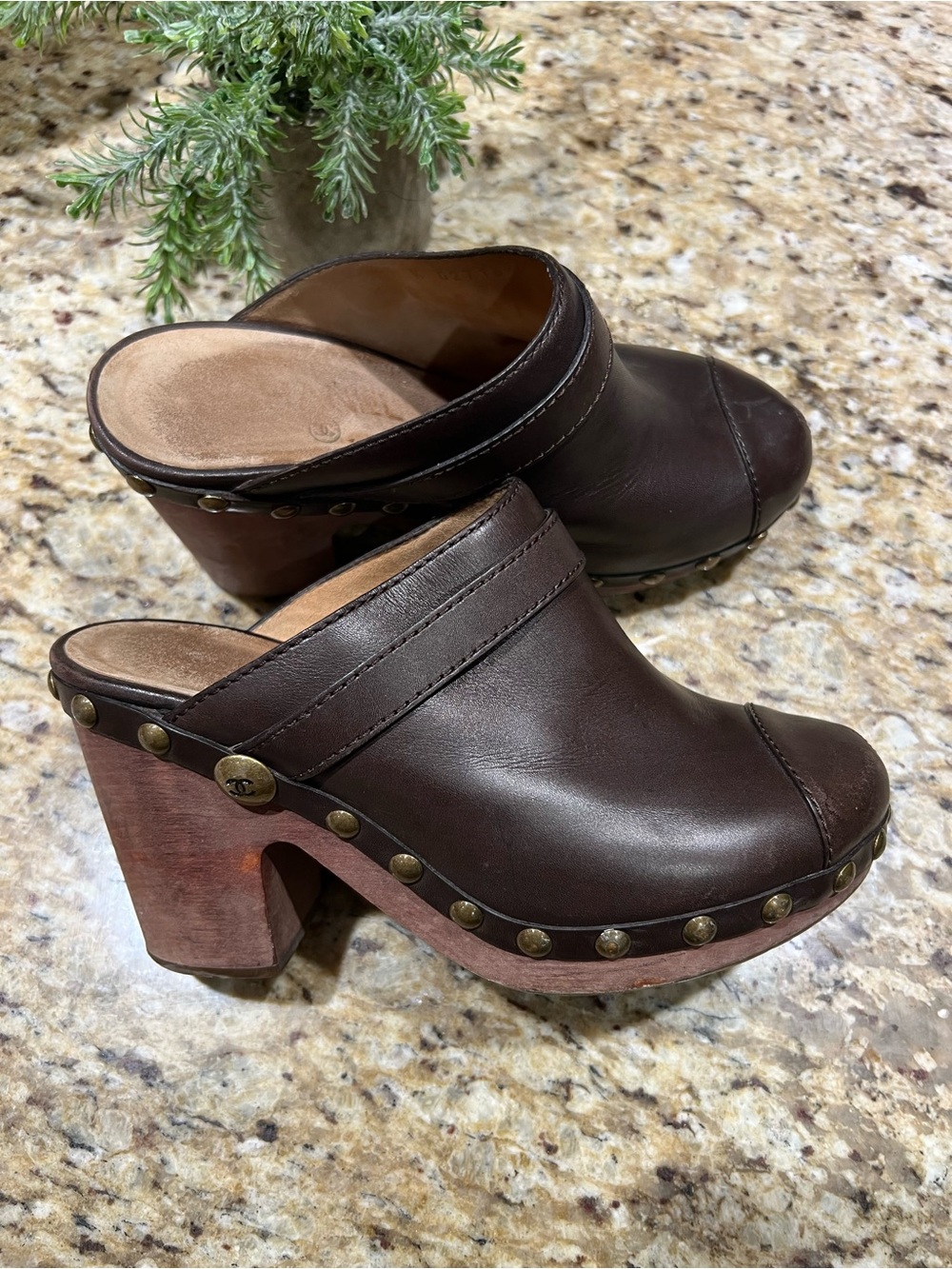 Chanel Brown Leather Interlocking CC Studded Platform Clog Mules 37.5